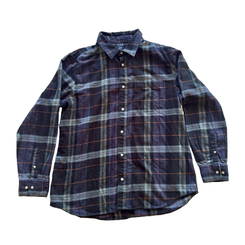 GAP Relaxed Fit Flannel Shirt Men's XL Blue Plaid Organic Cotton Button Front
